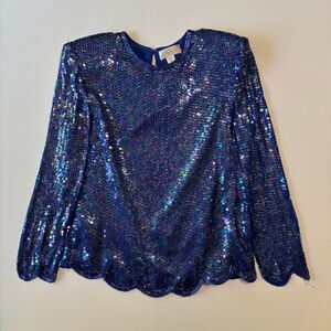 Vintage Lord & Taylor Blouse Women 10 Sequin Scallop Mermaid Colors Beading Silk